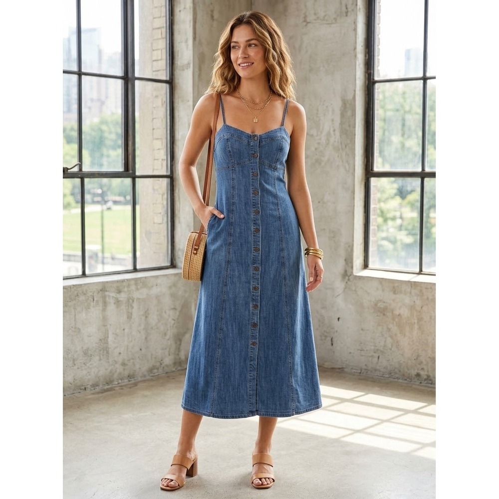 Rachel Zoe Denim Maxi Dress Women XS Blue Button Front Lyocell NWT